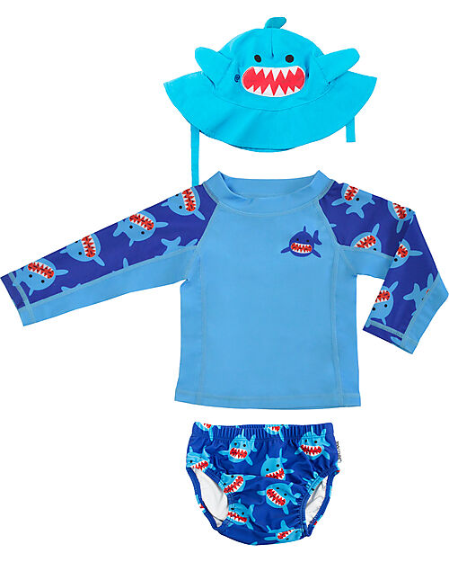 Zoocchini Set Baby 3 Pezzi - Rash Guard Top + Costumino Contenitivo + Cappellino - UPF 50+ - Sherman lo Squalo Costumi Contenitivi