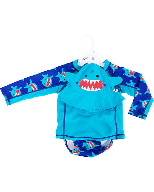 Zoocchini Set Baby 3 Pezzi - Rash Guard Top + Costumino Contenitivo + Cappellino - UPF 50+ - Sherman lo Squalo Costumi Contenitivi