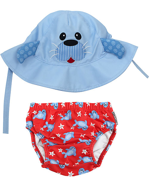 Zoocchini Set Baby Costumino Contenitivo + Cappellino - Foca - UPF 50+ Costumi Contenitivi