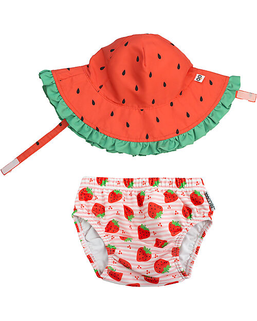 Zoocchini Set Baby Costumino Contenitivo + Cappellino - Fragola Delight - UPF 50+ Costumi Contenitivi