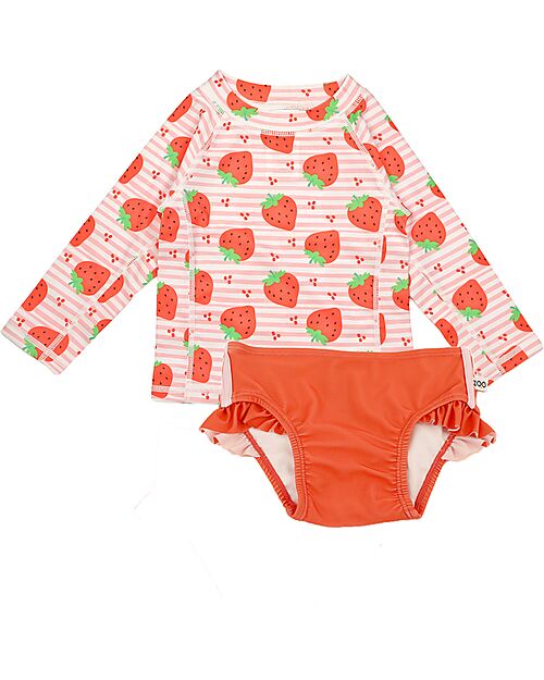 Zoocchini Set Bimba 2 Pezzi - Rash Guard Top + Mutandina Bikini - Fragole - UPF 50+ T-shirt Anti UV