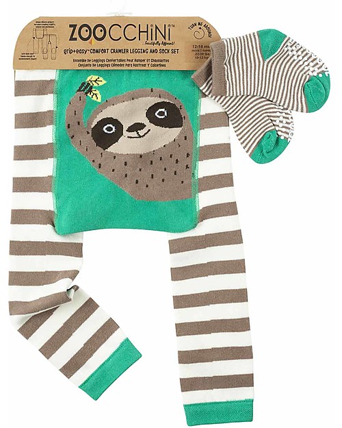 Zoocchini Set Leggings e Calzini Antiscivolo Silas il Bradipo Grip+Easy Leggings
