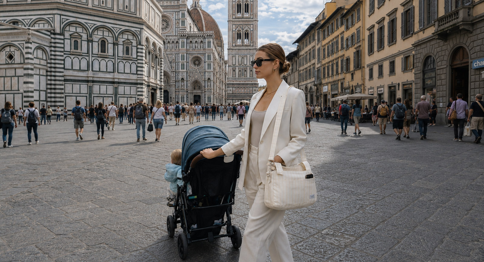 Mamma con passeggino in Piazza del Duomo a Firenze e borsa organizer Family Nation a tracolla