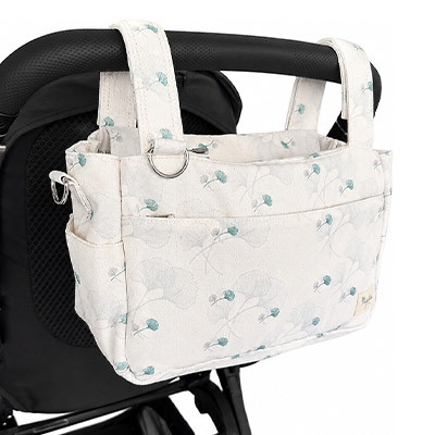 Borsa organizer per passeggino agganciata con le cinghie in velcro al manubrio